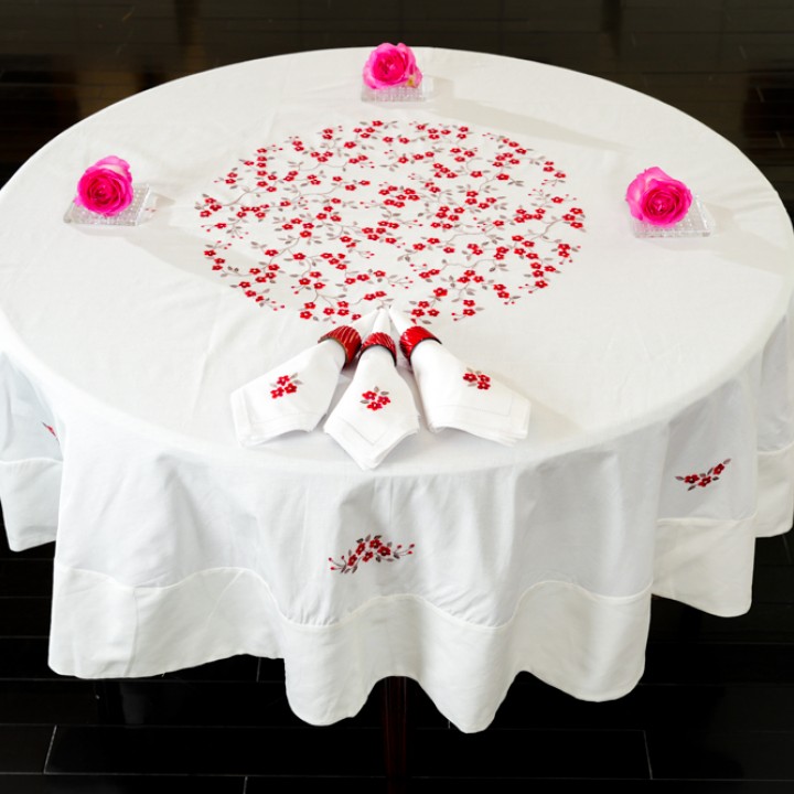 Round table cloth- Red string peach blossom embroidery (size 180 cm)